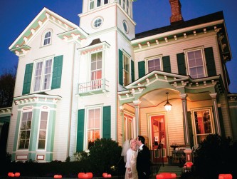 Couples fall wedding with pumpkins around the hotel, Orchard Cove photo